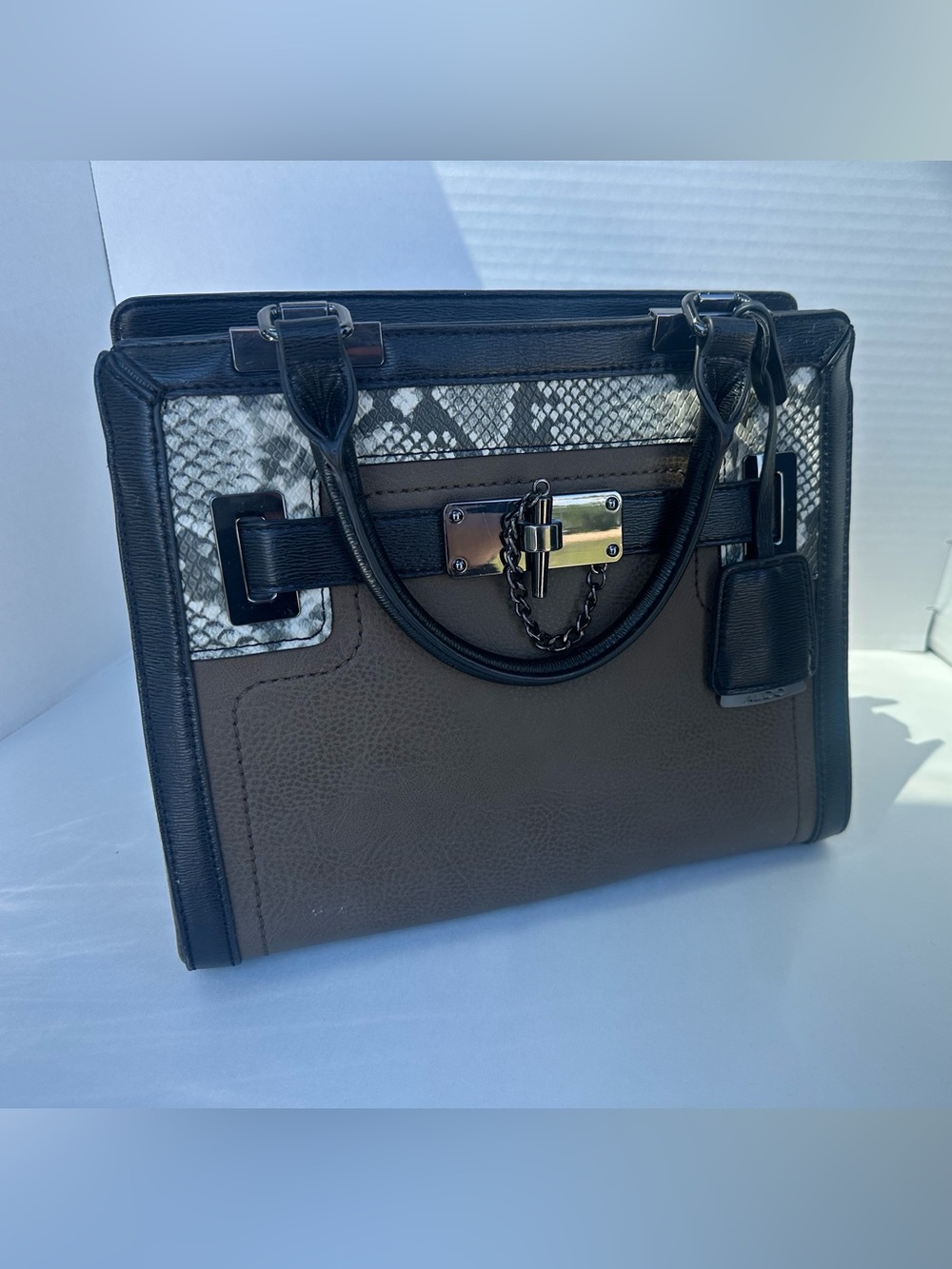 ALDO Structured Brown and Black Tote with Snake-Print Accent
